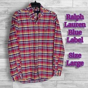 Ralph Lauren Blue Label Cotton Bright Colorful Plaid Button Down Size Large